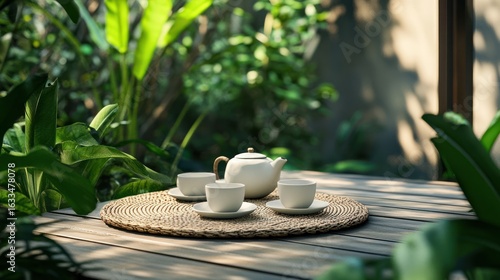 Tranquil tea set in a lush garden setting