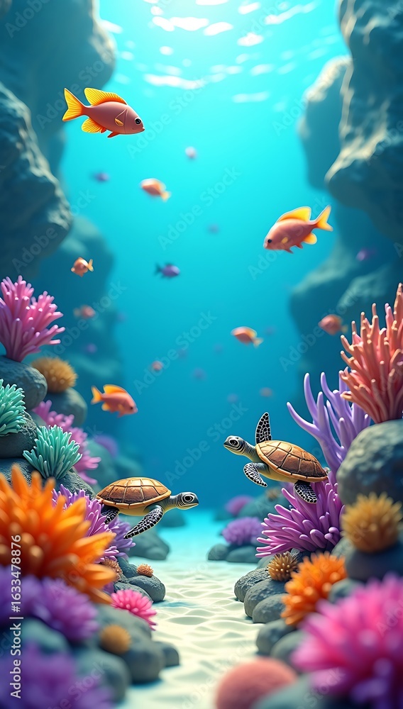 Fototapeta premium A vibrant low poly underwater coral reef with colorful fish, sea turtles, seaweed swaying, corals of various shapes, and a stylized ocean floor