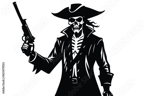 Skeleton Pirate with Hat, Coat, and Gun in Silhouette Style Illustration