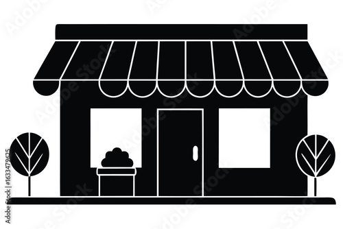 Small Business Storefront Illustration with Awning, Potted Plant, Trees, Door and Windows Graphic