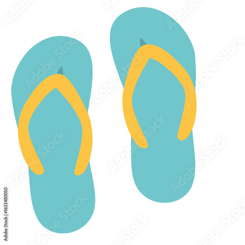 Flat vector of blue flip-flops with yellow straps, classic beachwear for summer and vacation themes.