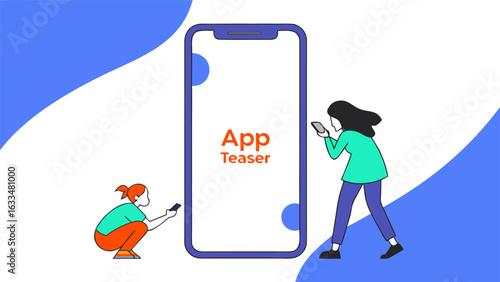 Two people interact with a large smartphone displaying app teaser suggesting mobile app development and user engagement