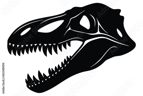 Striking Black Silhouette of Tyrannosaurus Rex Skull Displaying Sharp Teeth Against White Background