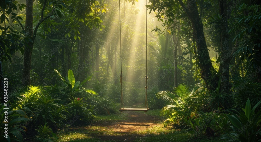 Fototapeta premium Sunlit serenity: An inviting swing nestled within a vibrant tropical jungle paradise