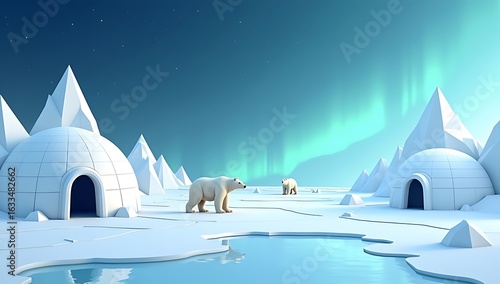 A cold, serene low poly arctic scene with white igloos, polar bears, icy mountains, frozen lake, and soft northern lights in the sky


