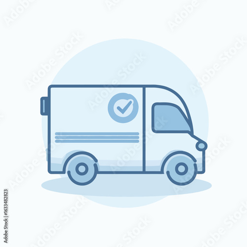 Simple line art illustration of a delivery van, featuring a checkmark.