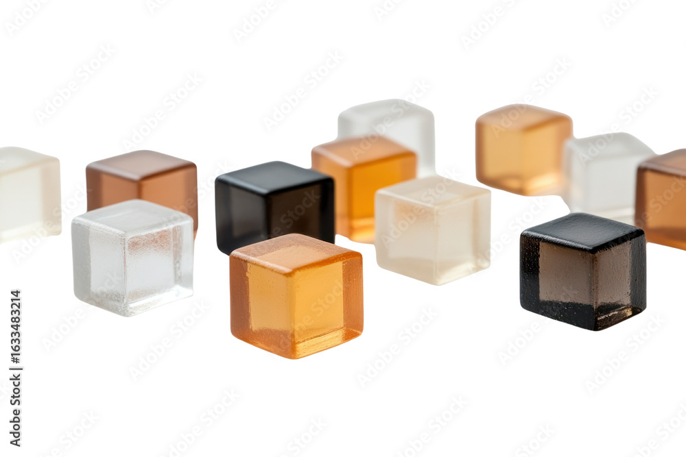 Obraz premium Translucent Cubes of Varying Hues: A striking studio shot featuring an assortment of geometrically perfect cubes in a spectrum of translucent shades, with each cube casting subtle shadows