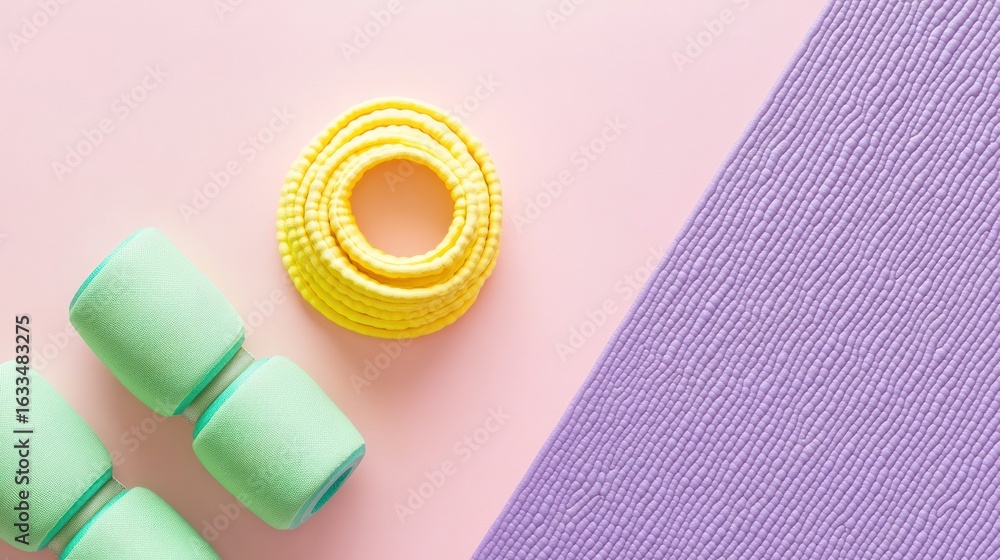 Obraz premium Pastel workout gear. Light green dumbbells and bright yellow exercise cord on a pink and lavender background