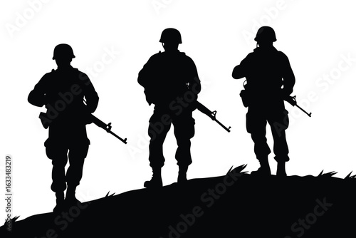 Three Soldiers Silhouetted on a Hilltop, Holding Rifles, Against a White Background
