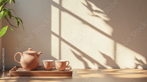 Warm, sunny tea set on wooden tray by window