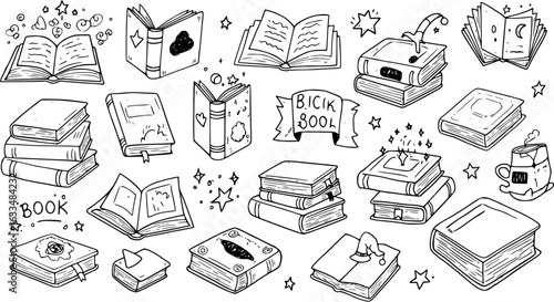 Whimsical Book Collection: A Doodle-Style Vector Illustration of Reading, Stories, and Magical Worlds