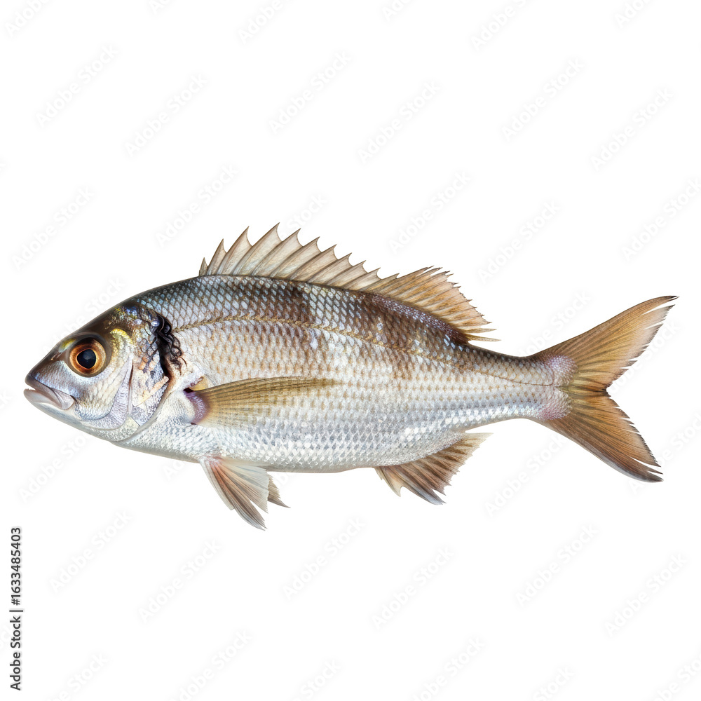 Fototapeta premium Detailed studio shot of a whole fresh fish, showcasing its silver scales and prominent fins. Perfect for food, nature, or fishing industry visuals.
