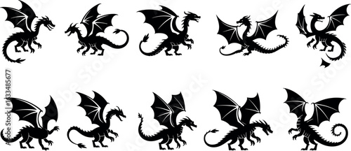 silhouette set, fantasy creature icons, mythical beast shapes,fantasy creature icons, mythical beast shapes, flying dragon poses, winged reptile designs, vector illustration collection
