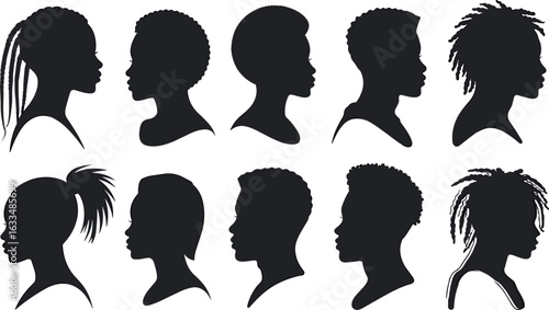 silhouette set, diverse hairstyle icons, afro, braids, dreadlocks, curly hair, ponytail, grooming styles