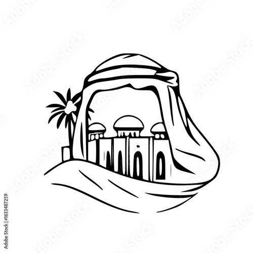 “Arabian Heritage Silhouette – Mosque, Headscarf & Desert Elegance”