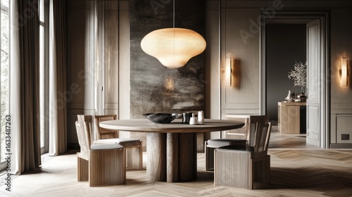 A sophisticated dining room with warm tones and minimalist design