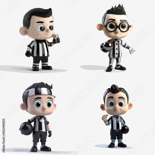 Four digitally rendered cartoon figures of young sports referees, each holding equipment and in different stances.
