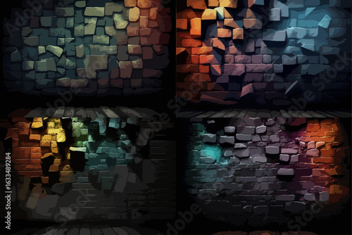 Digitally rendered, colorful, and fragmented stone wall sections, arranged in a grid pattern.  Each section presents a different perspective and lighting effect.