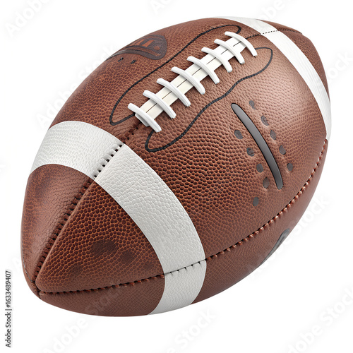 A brown leather american football with white stripes and laces is isolated on a white background and ready for a game