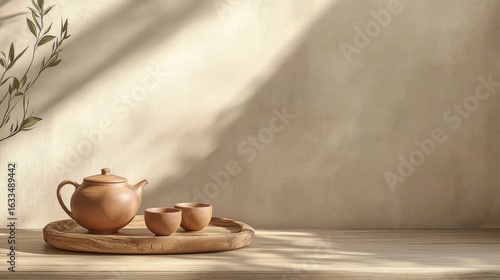 A rustic tea set on a wooden tray, bathed in warm sunlight, against a neutral beige backdrop