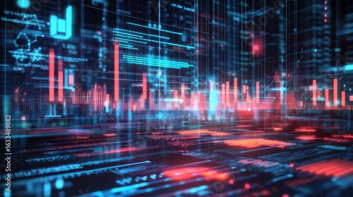 Futuristic data analysis interface for business and finance showing digital dashboard with profit analytics, online marketing research, and information report visualization for modern computer technol