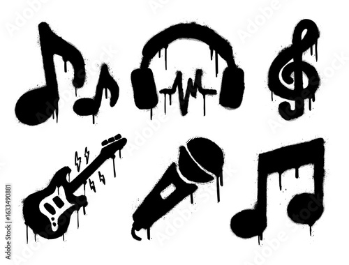 Grunge black music icons with guitar, instruments, notes, and audio elements. Urban spray stencil style. Isolated vector illustration