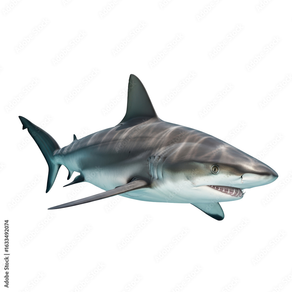 Fototapeta premium A powerful shark swims gracefully underwater, its sleek body and sharp teeth visible, representing ocean life.