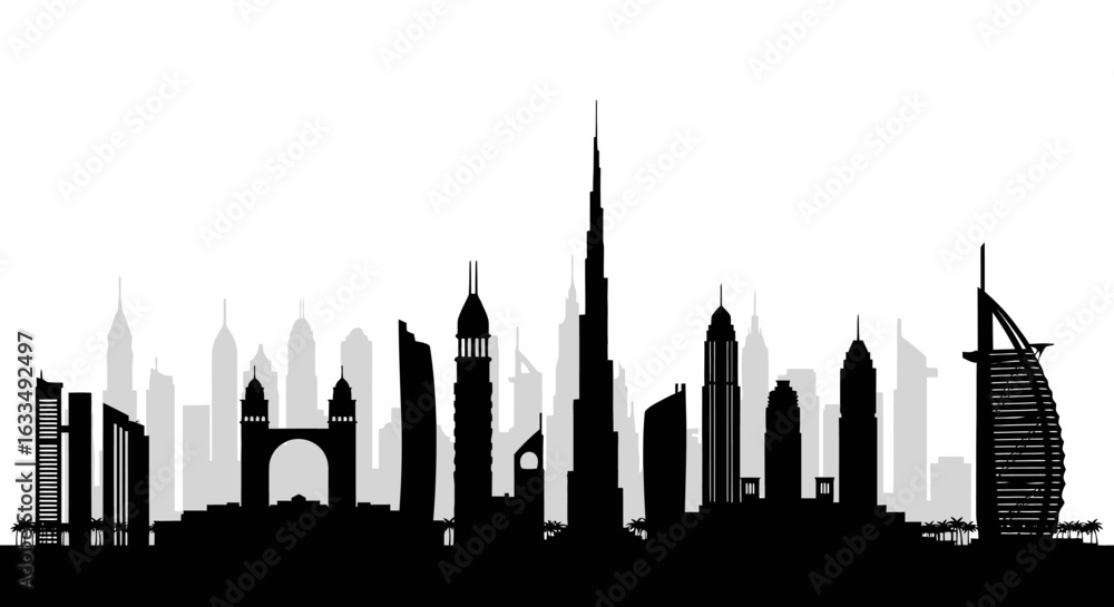 Naklejka premium Iconic Silhouette of a Modern City Skyline Featuring Tall Skyscrapers and Distinctive Architecture