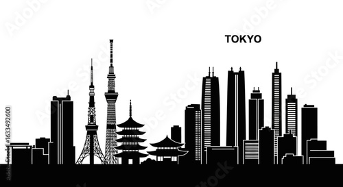 Black and white silhouette of the Tokyo city skyline. Vector illustration of the Japanese capital's urban landscape with iconic landmarks.