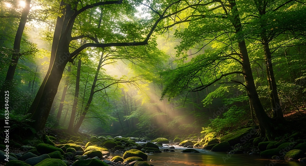 Obraz premium Morning sunbeams stream through the lush green canopy of a serene, ancient forest, illuminating a gentle river.