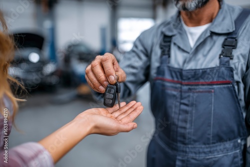 Mechanic hands car keys to a customer in a garage