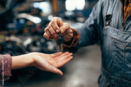 A mechanic handing keys to a customer car repair shop backdrop