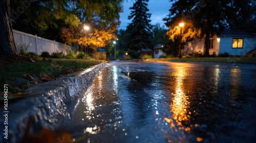Rainy evening reflections suburban neighborhood photography serene atmosphere low angle tranquility in nature