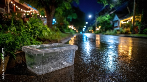 Rainwater collection action urban street photography nighttime low angle environmental awareness