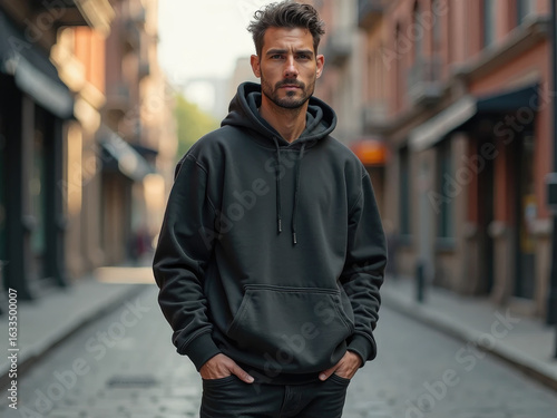 “Pullover hoodie mockup on a standing male model, urban street background, soft shadows, photorealistic texture, casual lifestyle vibe, apparel catalog style”
