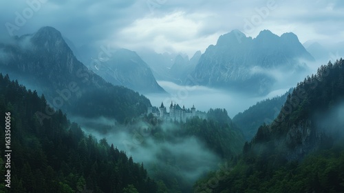 Misty mountain valley with castle. Lush green forests and misty peaks surround a regal castle nestled in a valley