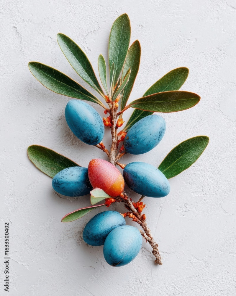 Obraz premium Premium High-Quality Indigo Blue Olive Branch with Green Leaves Modern Natural Lifestyle Concept for Marketing and Social Media Content