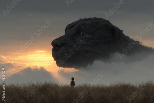Child stands in field of tall grass, gazing up at massive, ethereal dog like creature emerging from clouds against dramatic sunset. scene evokes sense of wonder and imagination