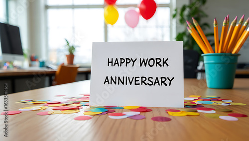 Office desk with happy work anniversary card and balloons 