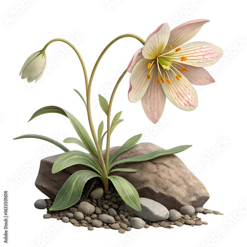 Delicate pale pink fritillaria flower with gentle stripes blooming among rocks and pebbles creating a peaceful natural scene isolated on transparent background