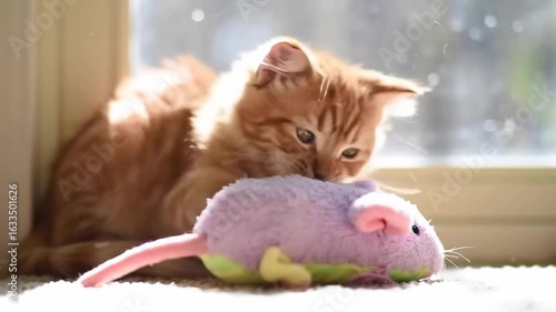 Playful ginger kitten interacting with a colorful plush mouse toy by a sunlit window