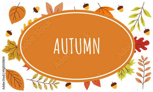 Aesthetic autumn background with oval orange frame and colorful fall leaves