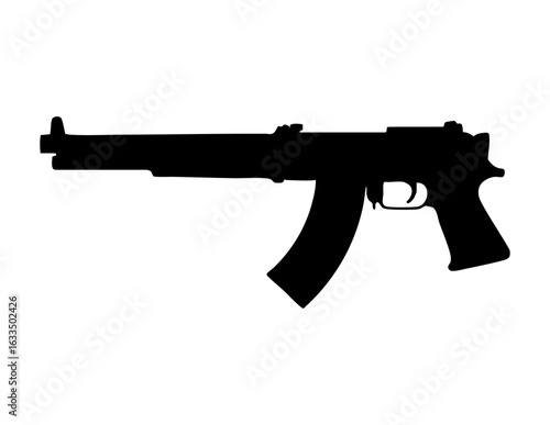 Black handgun silhouette facing right, isolated pistol outline, firearm shape on white, weapon concept for security, safety, or crime visuals.