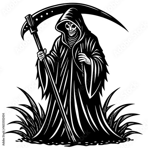 Grim reaper with scythe isolated on white background, a symbol of death