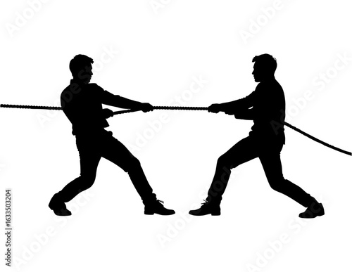 Silhouette men tug war competition, teamwork, struggle, strength, rivalry, and determination shown in a dramatic rope-pulling contest on white background.