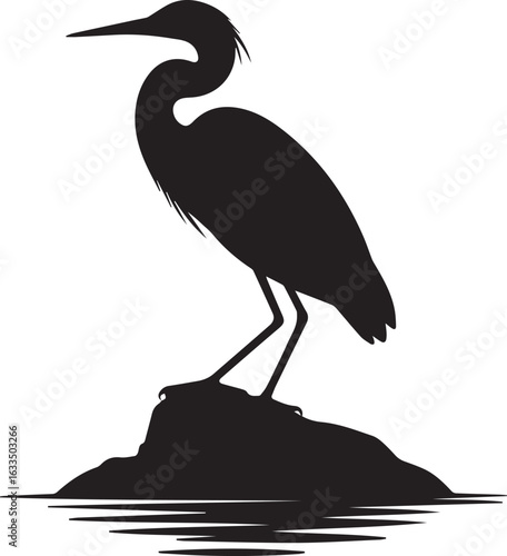 A great blue heron, a wild grey bird, stands on the beach, fishing in the blue water