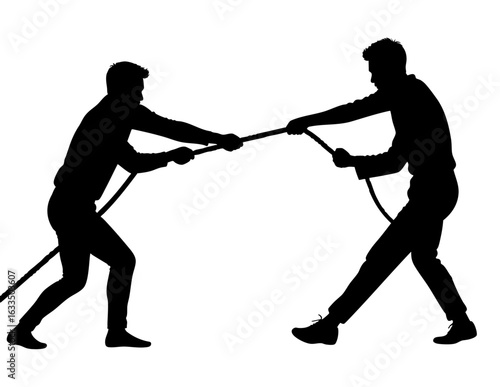 Silhouette men rope tension competition concept teamwork struggle isolated white background coordination challenge