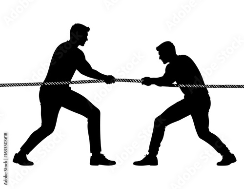 Silhouette men tug war rope, competition concept, struggle, teamwork, rivalry, isolated on white background.