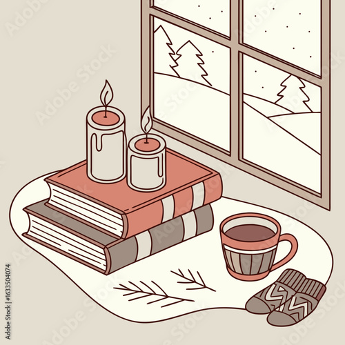 "Flat lay vector composition of hardcover books, knitted mittens, glowing candles, steaming tea mugs and snow outside the window — cozy reading mood"
