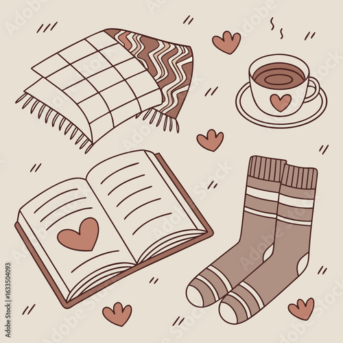 "Vector seamless pattern of open books, teacups with steam shaped like hearts, wool socks and blankets, soft hygge aesthetic, warm muted winter color palette"
